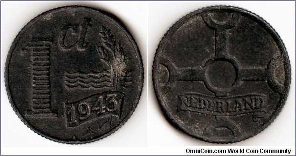 KM#170, Netherlands, One,  Cent, 	1943, 	Zinc,  1941-1944, coincrazy2010 