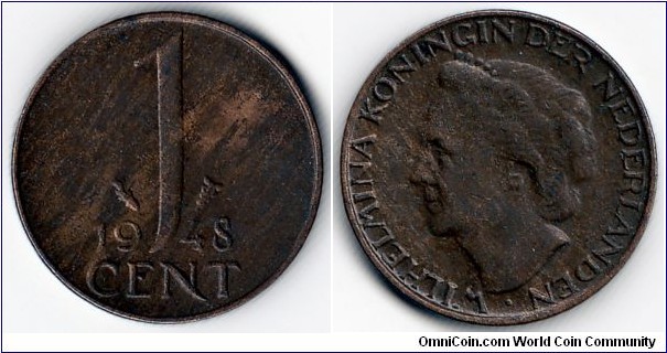 KM#175,  Netherlands, One,  Cent, 1948, 	Bronze, Minted only in 1948,  coincrazy2010 