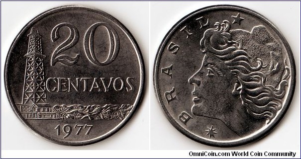 KM#579.1a,  Brazil, Twenty, Centavos, 	1977, 	Stainless Steel, 1967-1979, coincrazy2010
