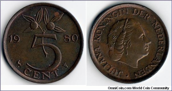 KM#181,  Netherlands, Five,  Cents, 	1980, 	Bronze,  1950-1980, coincrazy2010