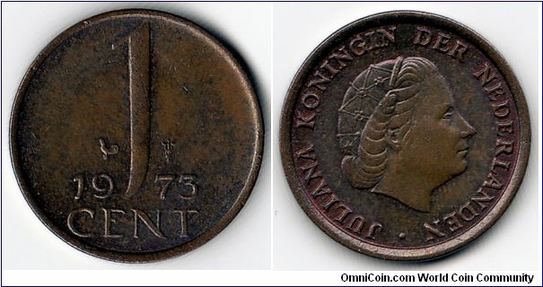 KM#180,  Netherlands, One,  Cent,  1973, 	Bronze,  1950-1980,  coincrazy2010