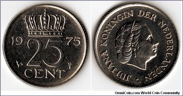 KM#183,  Netherlands, FunfundZwanzig, Cents, 	1975, 	Nickel,  1950-1980, coincrazy2010 