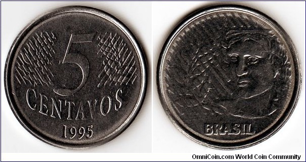 KM#632,  Brazil, Five,  Centavos, 	1995, 	Stainless Steel,   1994-1997,  coincrazy2010