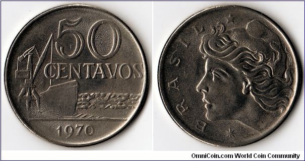 KM#580a,  Brazil, Fifty,  Centavos, 	1970, 	Copper-Nickel, 	 1970-1975, coincrazy2010