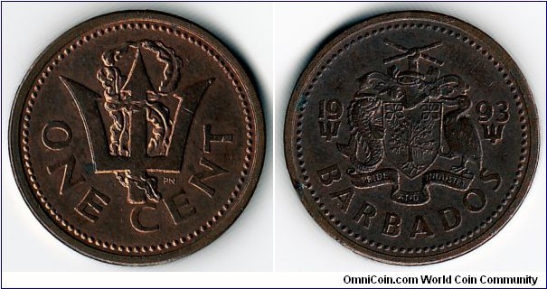 KM#10a,  Barbados, One,  Cent, 	1993, 	Copper Plated Zinc,  1992-2004,  coincrazy2010