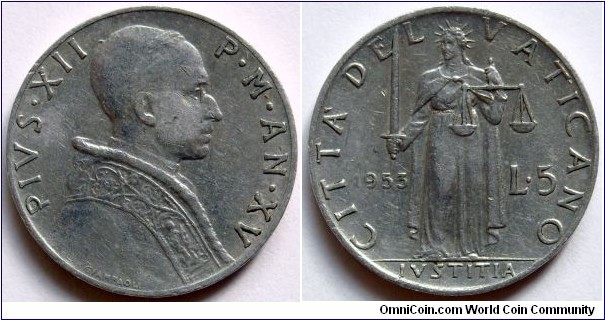 5 lire.
1953, Pontif. Pius XII