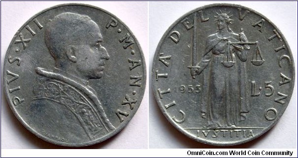 5 lire.
1953, Pontif. Pius XII