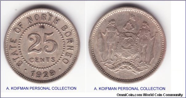 KM-6, 1929 British North Borneo 25 cents, Heaton mint (H mint mark); silver, reeded edge; average very fine, a bit dirty, mintage 400,000 but is significantly scarcer then contemporary copper nickel coinage.