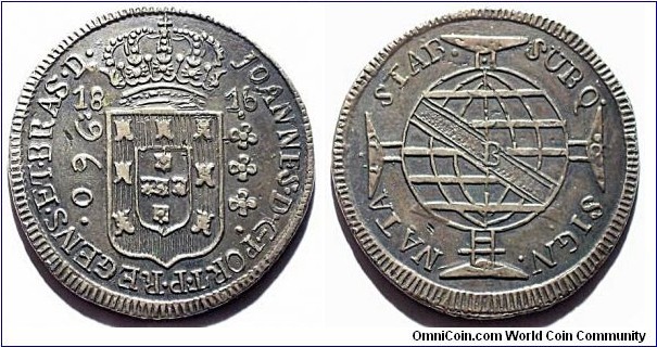 Brazil 960 Reis dated 1816B struck over a Spanish Colonial 8 Reales contemporary counterfeit as it weighs 27g. These pieces were made contemporaneously to circulate in the West Indies & Colonial United States. The Brazilian government thought the host coin was legitimate piece struck. Unique.