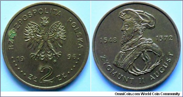 2 zlote.
1996, King Zygmunt II August (1548-1572)
Metal Nordic Gold.
Weight 8,15g. Diameter 27mm. Mintage 200.000 units.