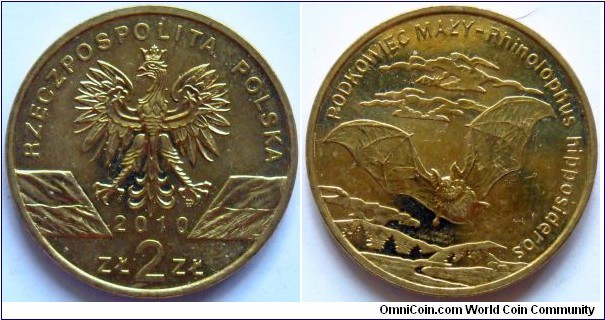 2 zlote.
2010, Lesser Horseshoe Bat (Rhinolophus hipposideros) Metal Nordic Gold. Weight 8,15g. Diameter 27mm. Mintage 1.700.000 units.