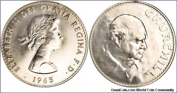Churchill Commemorative Crown; Specimen SP65, Per Seaby, there were only 3 to 4 specimens minted, but PCGS has graded 3 and CGS-UK has graded 4, which makes at least 7 (overlap factor not withstanding).  Hairlines are in the die - See other specimen at PCGS.  I have labeled it as a 