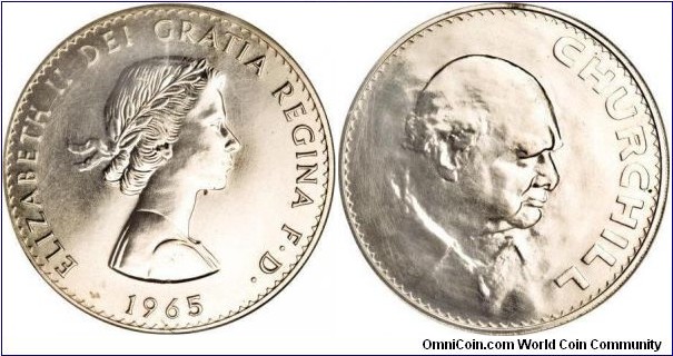 Churchill Commemorative Crown; Specimen SP65, Per Seaby, there were only 3 to 4 specimens minted, but PCGS has graded 3 and CGS-UK has graded 4, which makes at least 7 (overlap factor not withstanding).  Hairlines are in the die - See other specimen at PCGS.  I have labeled it as a 