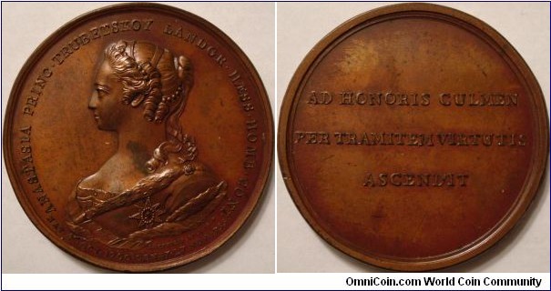Memorial medal dedicated to Princess Annastasia Ivanovna Trubetskaya, struck on her death in 1755. Engraved by Roettiers