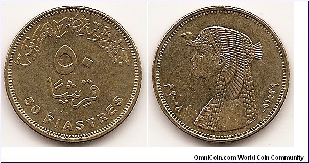 50 Piastres -AH1429-
KM#942.2
6.5000 g., Brass Plated Steel, 25 mm.   Rev: Queen Cleopatra VII Edge: Milled