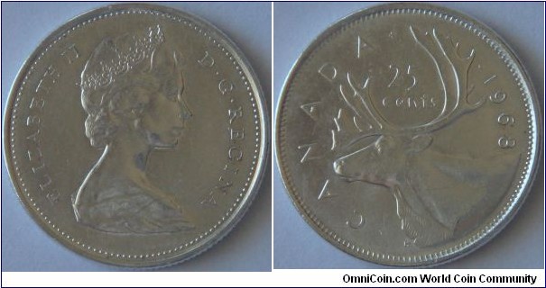 Canada, 25 cents, 1968 (1965-1966, 1968) Regulation Coin Caribou, The 1968 is 0.5 silver (1966 and earlier are 0.8 silver)
