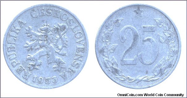 Czechoslovak Republic, 25 halers, 1953, Al, 24mm, 1.43g.