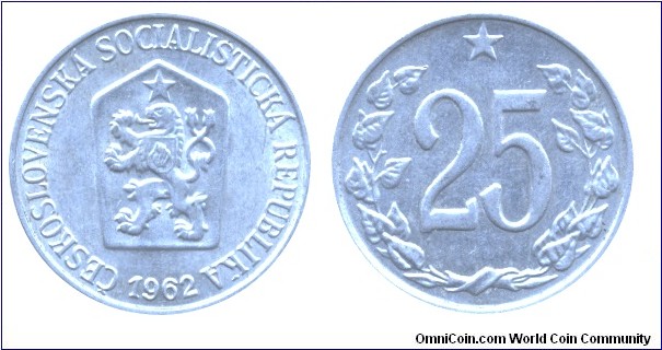 Czechoslovak Socialist Republic, 25 halers, 1962, Al, 24mm, 1.43g.