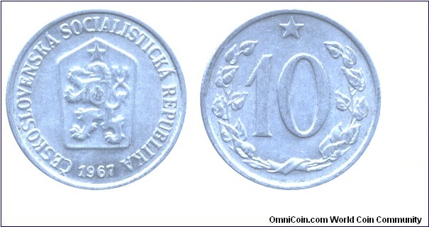 Czechoslovak Socialist Republic, 10 halers, 1967, Al, 22mm, 1.175g.