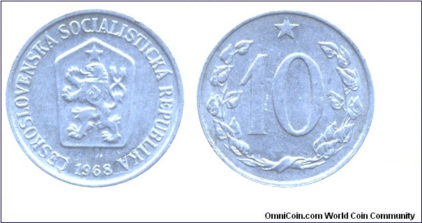 Czechoslovak Socialist Republic, 10 halers, 1968, Al, 22mm, 1.175g.