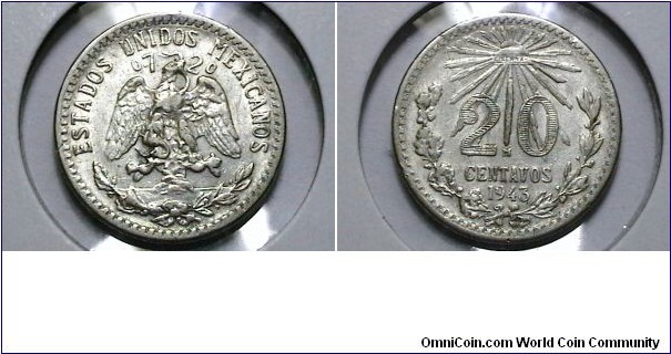 Mexico 1943-M 20 Centavo KP# 438 obv