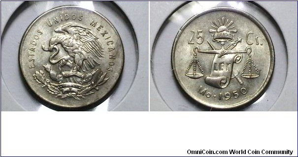 Mexico 1950-M 25 Centavo KP# 443 