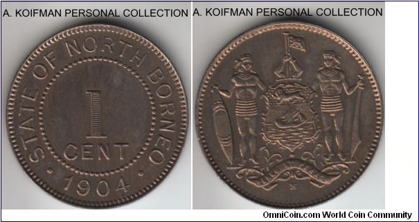KM-3, 1904 British North Borneo cent, Heaton Mint (H mint mark); copper nickel, plain edge; good extra fine, real nice reverse.