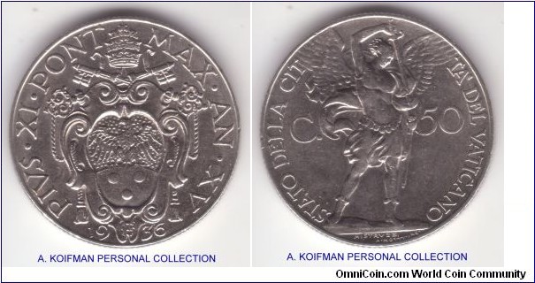 KM-4, 1936 Vatican /XV year of Pius XI 50 centesimi; nickel, reeded edge; about uncirculated, mintage 52,000.