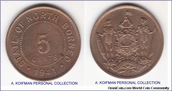 KM-5, 1941 British North Borneo 5 cents, Heaton mint (H mint mark); copper nickel, plain edge; Uncirculated or almost.