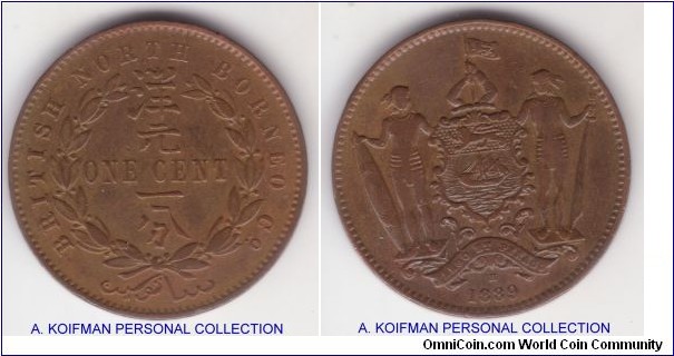 KM-2, 1889 British North Borneo cent, Heaton mint (H mintmark); bronze, plain edge; nice eye appealing very fine light brown, but may have been cleaned in the past