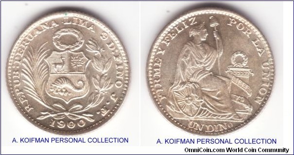 KM-204.2, 1900 Peru dinero; silver, reeded edge; appears to be 1900/898 overdate, nice lustrous.