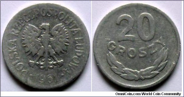 20 groszy.
1961, Aluminum.
Weight 1g. Diameter 20mm. Plain edge. Mintage 53.108.417 units.