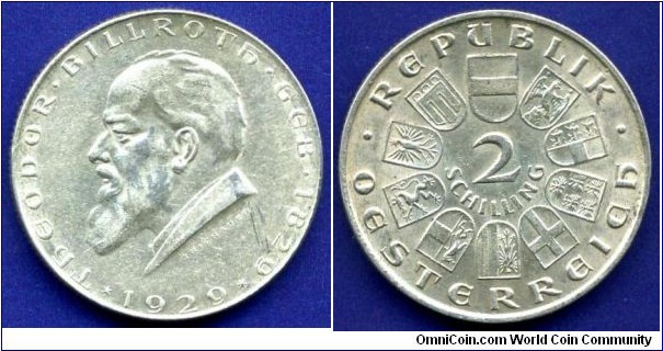 2 schilling.
Austrian Republic.
Theodor Billrotte.
Mintage 2,000,000 units.


Ag640f. 12,0gr.