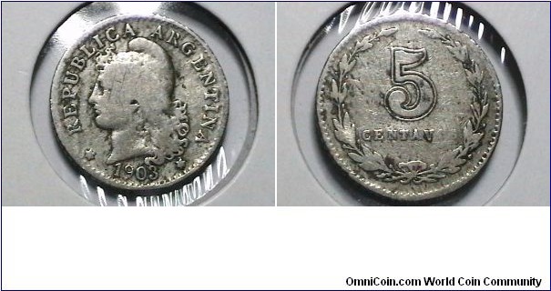 Argentina 1903 5 Centavos KM# 38 