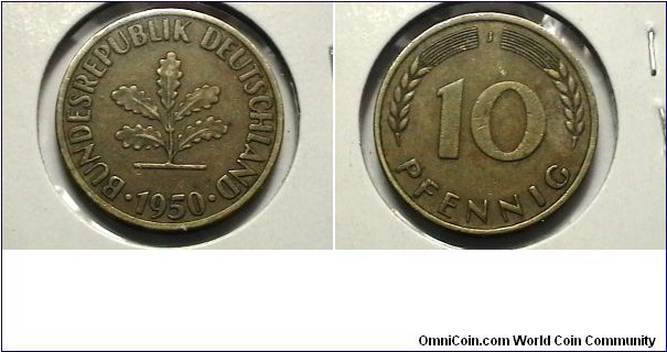 Germany 1950-J 10 Pfennig KM# 108 