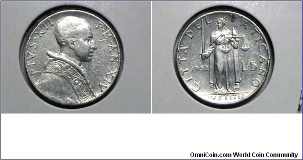 Vatican City 1952 5 Lire Y# 51.1 