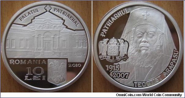 10 Lei - Patriarchs of Romania - Teoctist Arapasu - 31.1 g Ag .999 Proof - mintage 1,000