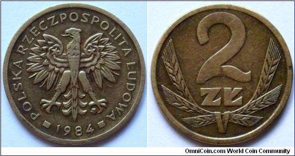 2 zlote.
1984, Brass. Weight 3g. Diameter 21mm.
Reeded edge. Design W. Kowalik. Mintage 59.998.500 units.