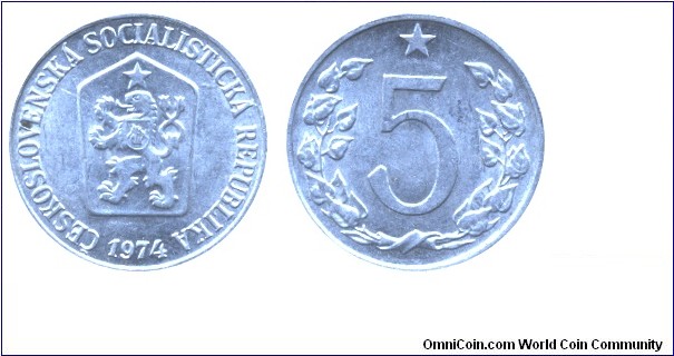 Czechoslovak Socialist Republic, 5 halers, 1974, Al, 20mm, 0.8g.