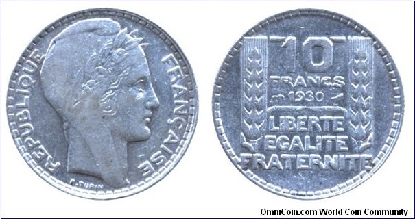Third French Republic, 10 francs, 1930, Ag, 28mm, 10g, Liberte, Egalite, Fraternite.