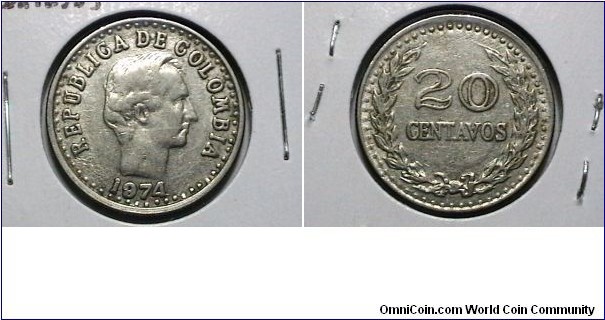 Colombia 1974 over 1 20 Centavos KM# 246.1 obv