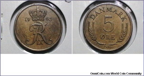 Denmark 1963-C-S 5 Ore KM# 848.1 