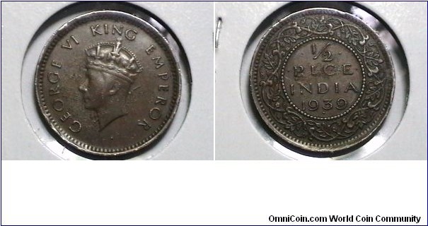 India-British 1938-B Half Pice KM# 528 