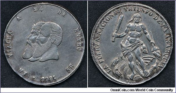 Bolivia Proclamation Medal. Melgarejo & Munoz / Viacha error. Obverse depicts Melgarejo & Munoz with the inscription 