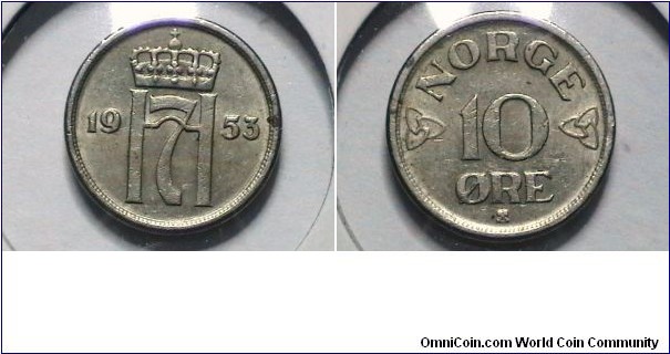 Norway 1953 10 Ore KM# 396 