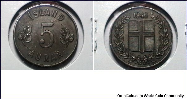 Iceland 1946 5 Aurar KM# 9 