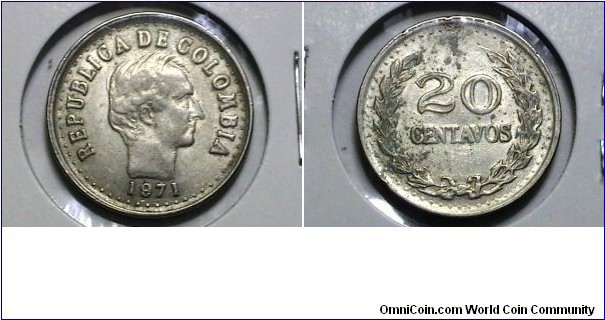 Colombia 1971 20 Centavos KM# 246.1 