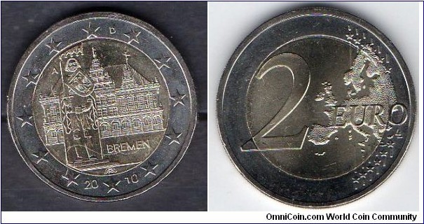 Germany 2 euros Bremen City Hall, with the statue of Roland in the foreground 
Map of the community
mint mark A = Berlin

I have all 5 mints