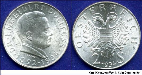 2 Schilling.
Austrian Republic.
Death of Dr. Engelbert Dollfuss.
Mintage 1,500,000 units.


Ag640f. 12,0gr.