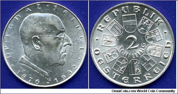 2 Schilling.
Austrian Republic.
Death of Dr. Ignaz Seipel 1876-1932.
Mintage 400,000 units.


Ag640f. 12,0gr.